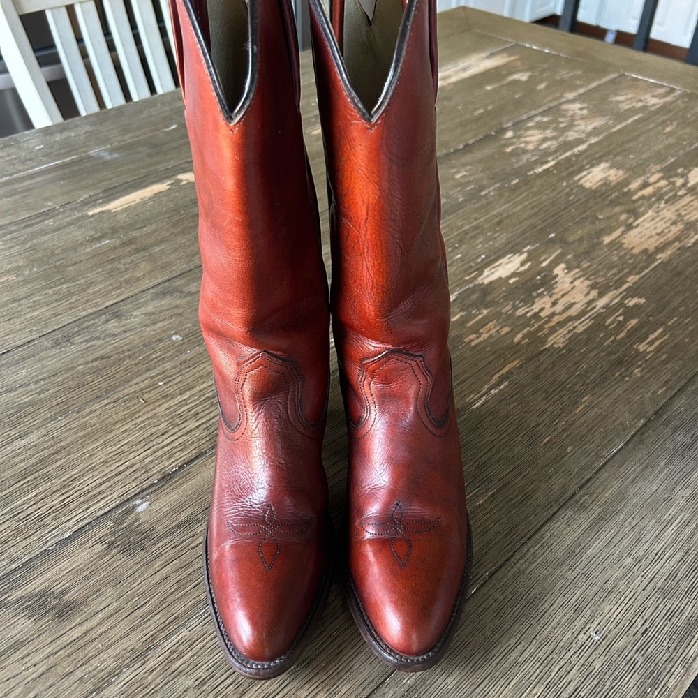 Frye Women's Tall Leather Heeled Boots in Cognac Red-Brown